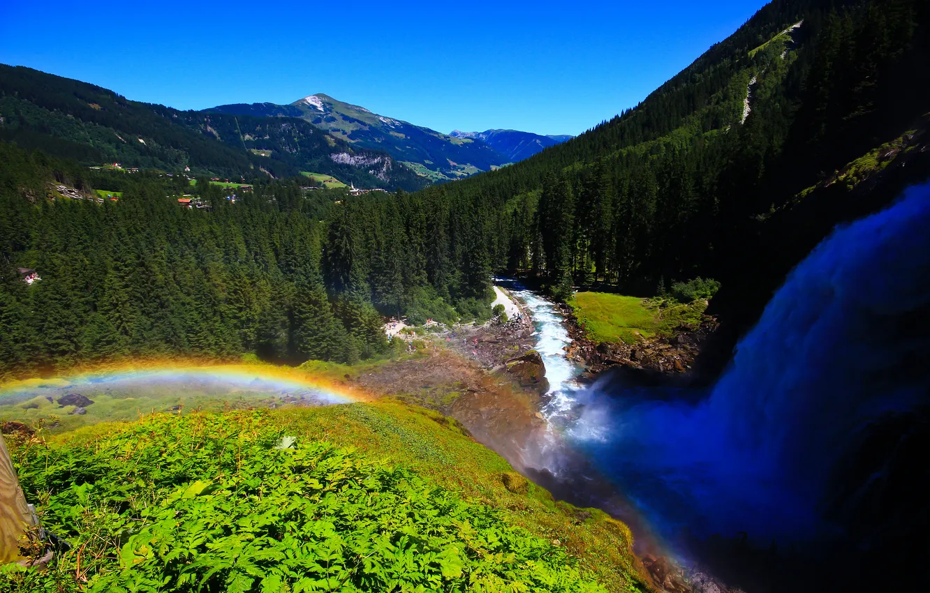 Фото обои лес, горы, река, радуга, Австрия, Austria, Krimml Waterfalls, водопады Кримль