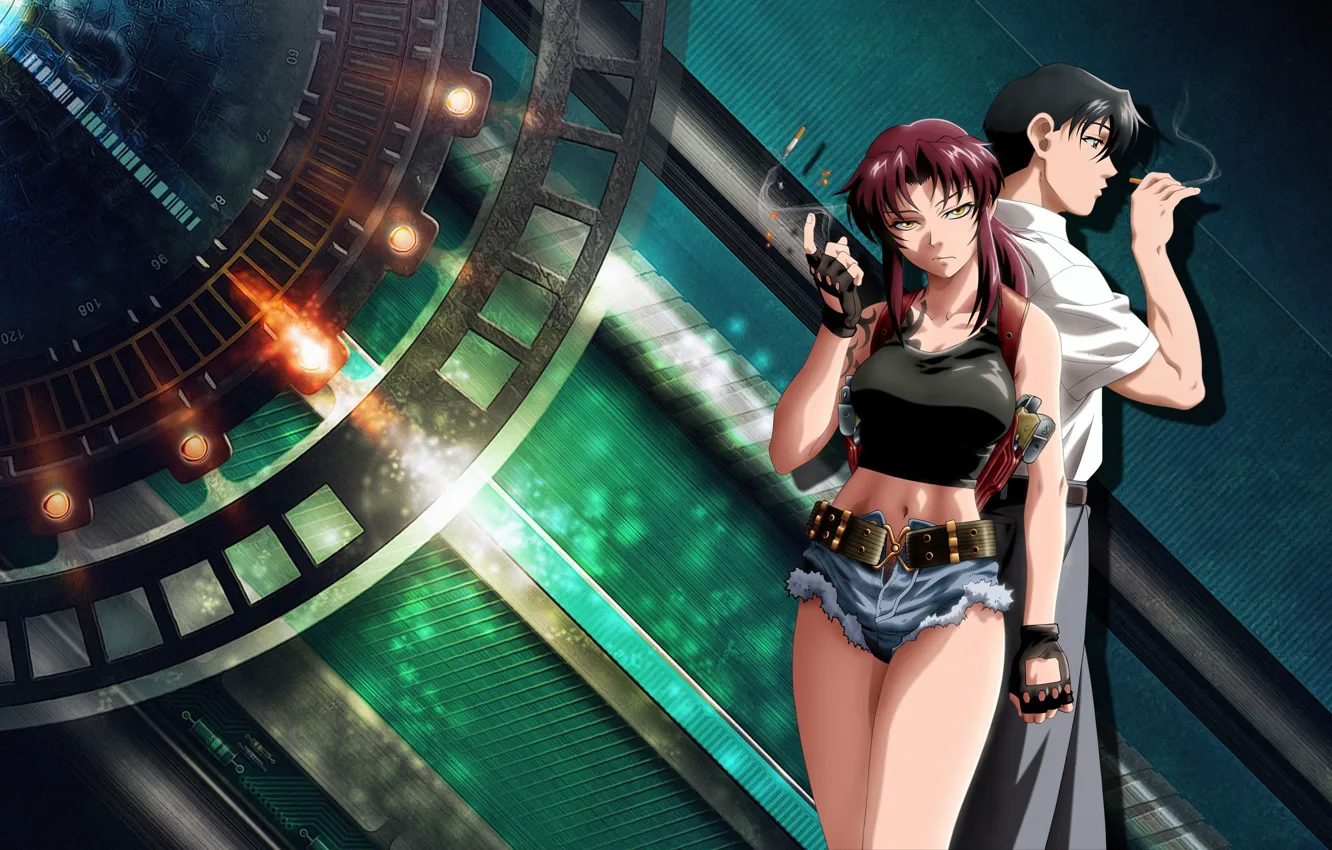 Фото обои Black Lagoon, Revy, girl, gun, smoking, shorts, weapon, anime