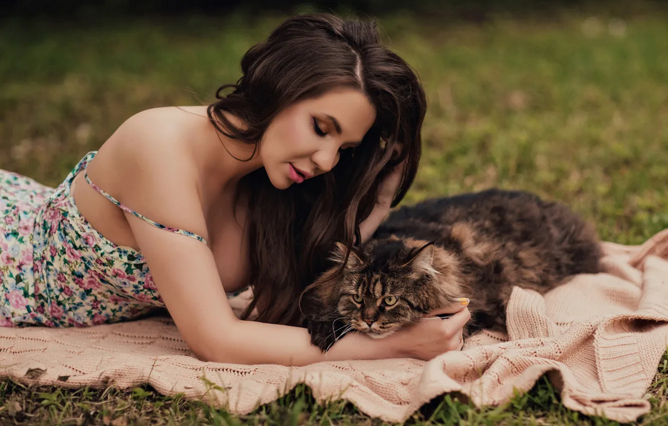 Фото обои кошка, кот, девушка, поза, волосы, плед, by Анна Конофалова, Зарина Бутрым