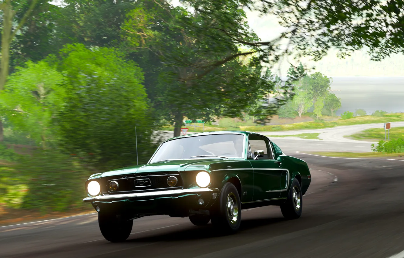 Фото обои car, Ford, vehicle, video games, Forza Horizon 4, green cars, 1965 Ford Mustang