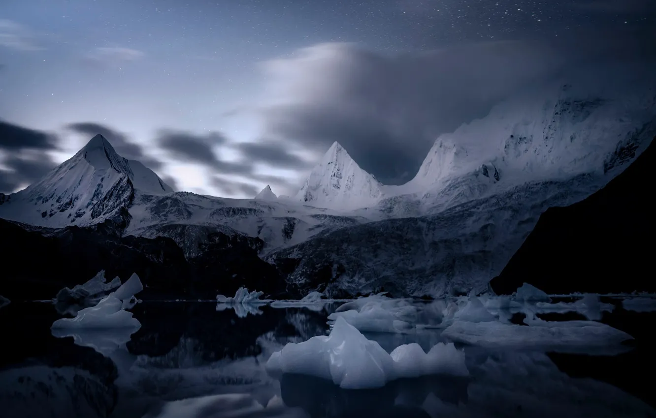 Фото обои зима, снег, горы, ночь, лёд, льдины, водоем, айсберги