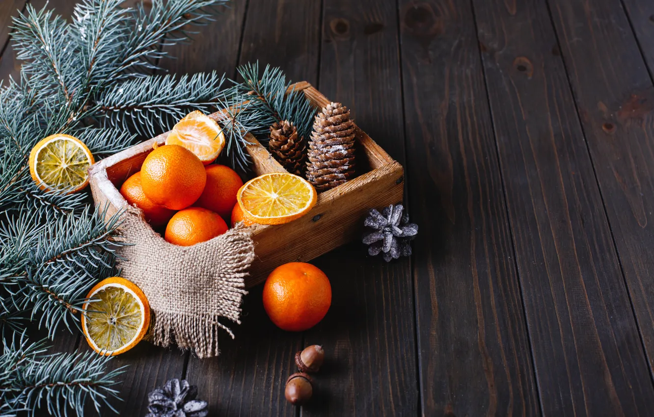 Фото обои новый год, дольки, апельсина, декор, мандарины