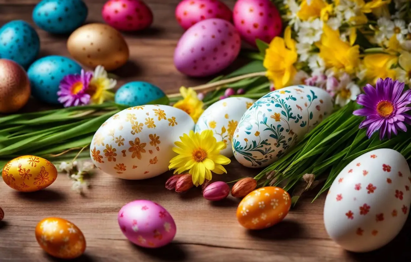 Фото обои цветы, яйца, весна, colorful, Пасха, happy, flowers, spring