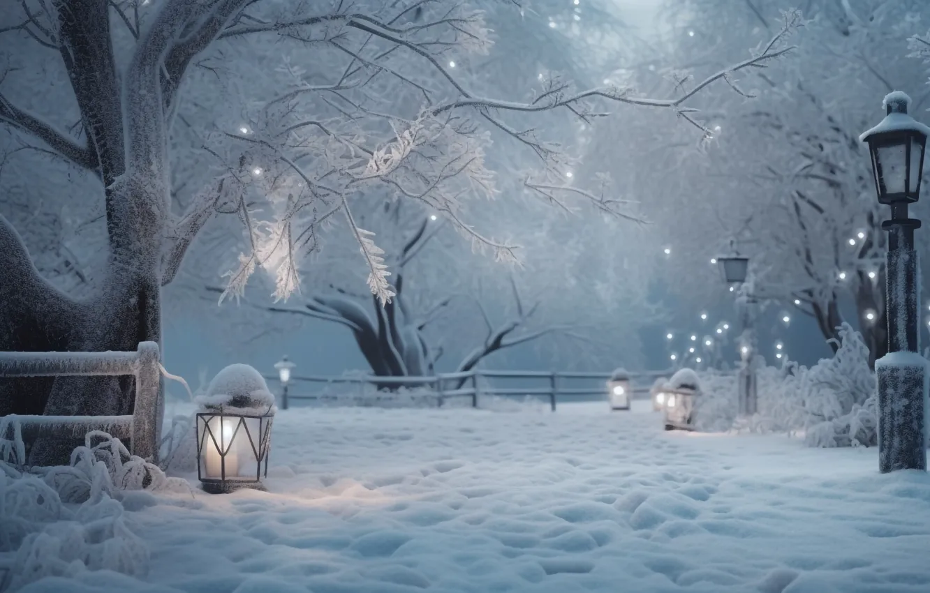 Фото обои зима, снег, деревья, снежинки, ночь, lights, парк, улица