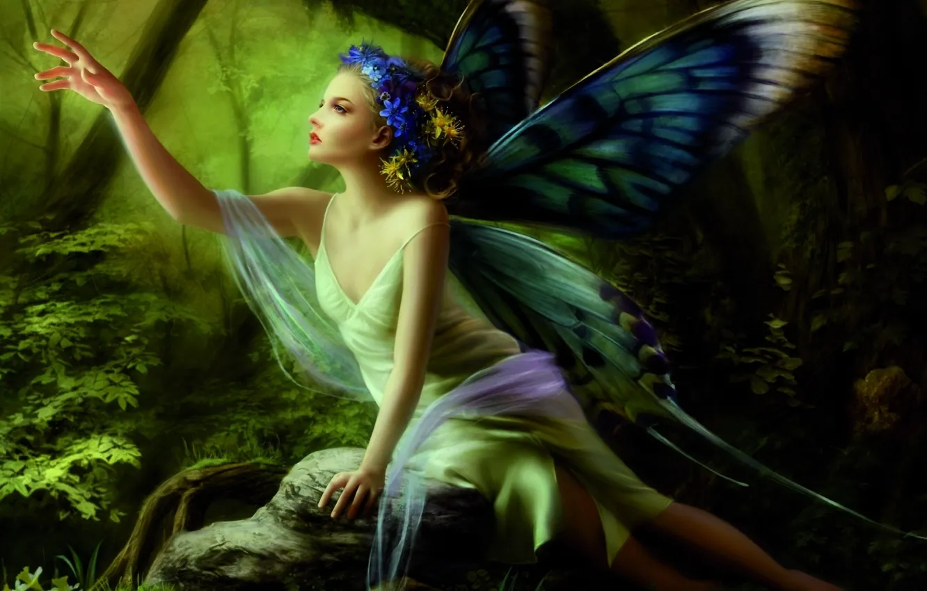 Фото обои лес, девушка, бабочки, цветы, камень, рука, крылья, фея
