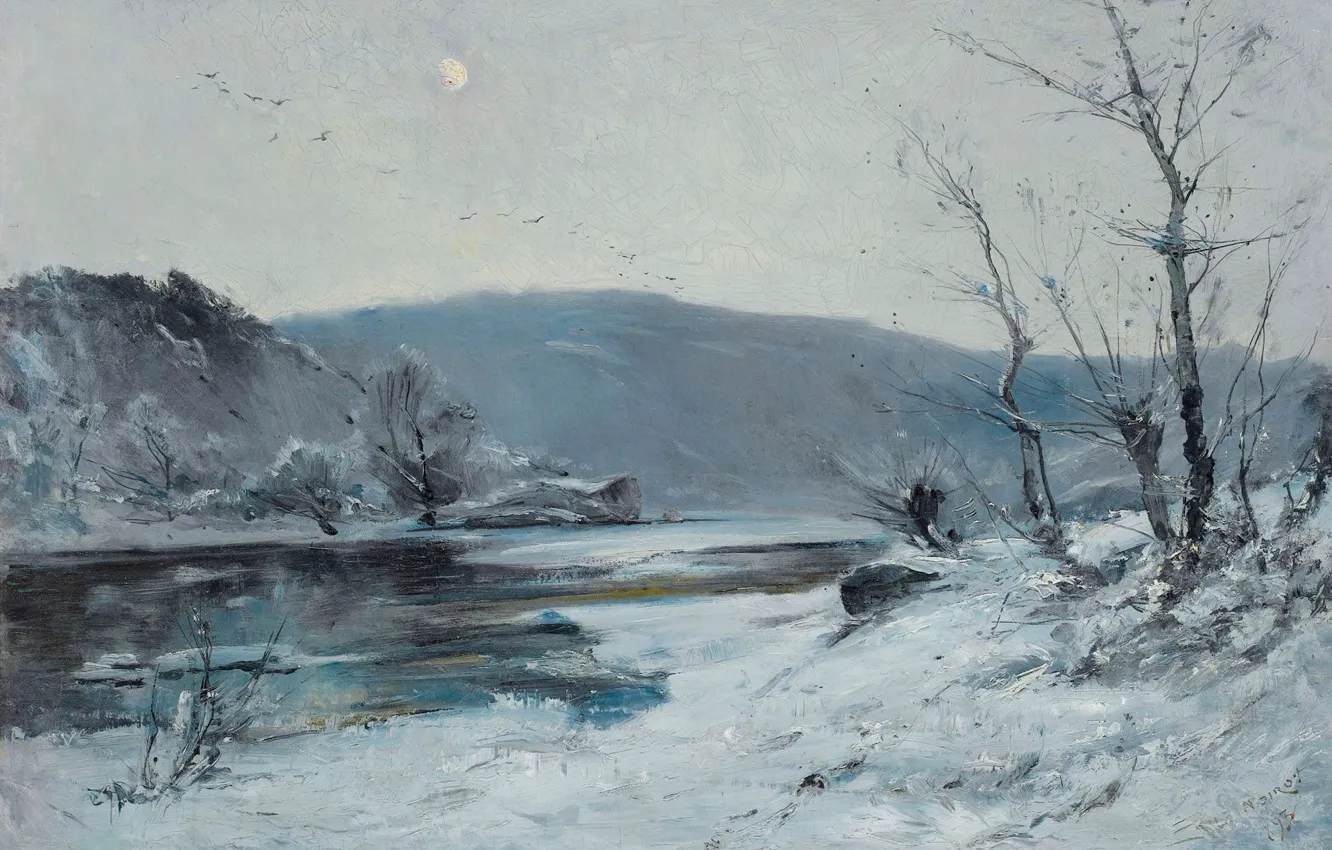 Фото обои пейзаж, картина, Эмиль Нуаро, На Луаре. Зима, Emile Noirot