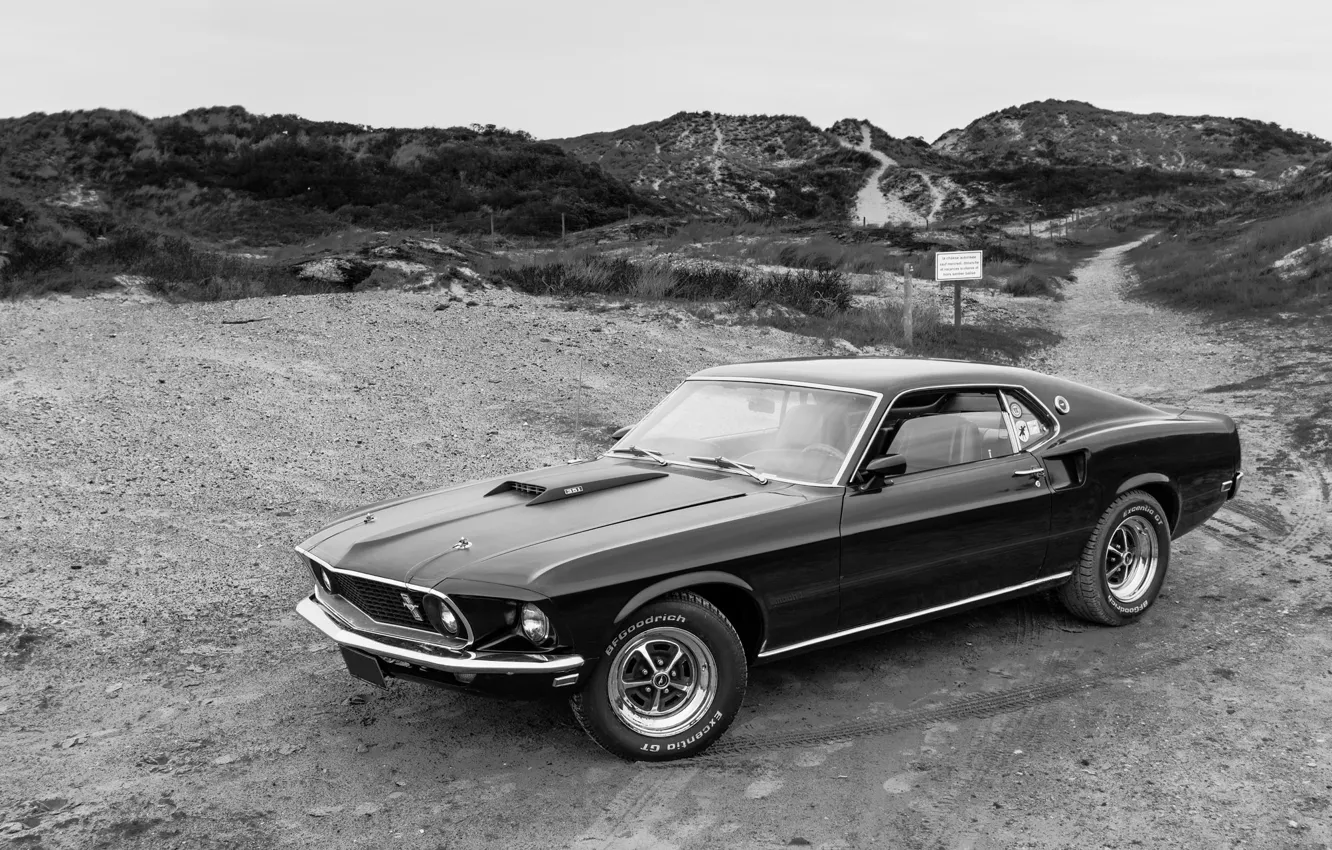 Фото обои Mustang, Ford, классика, черно-белые