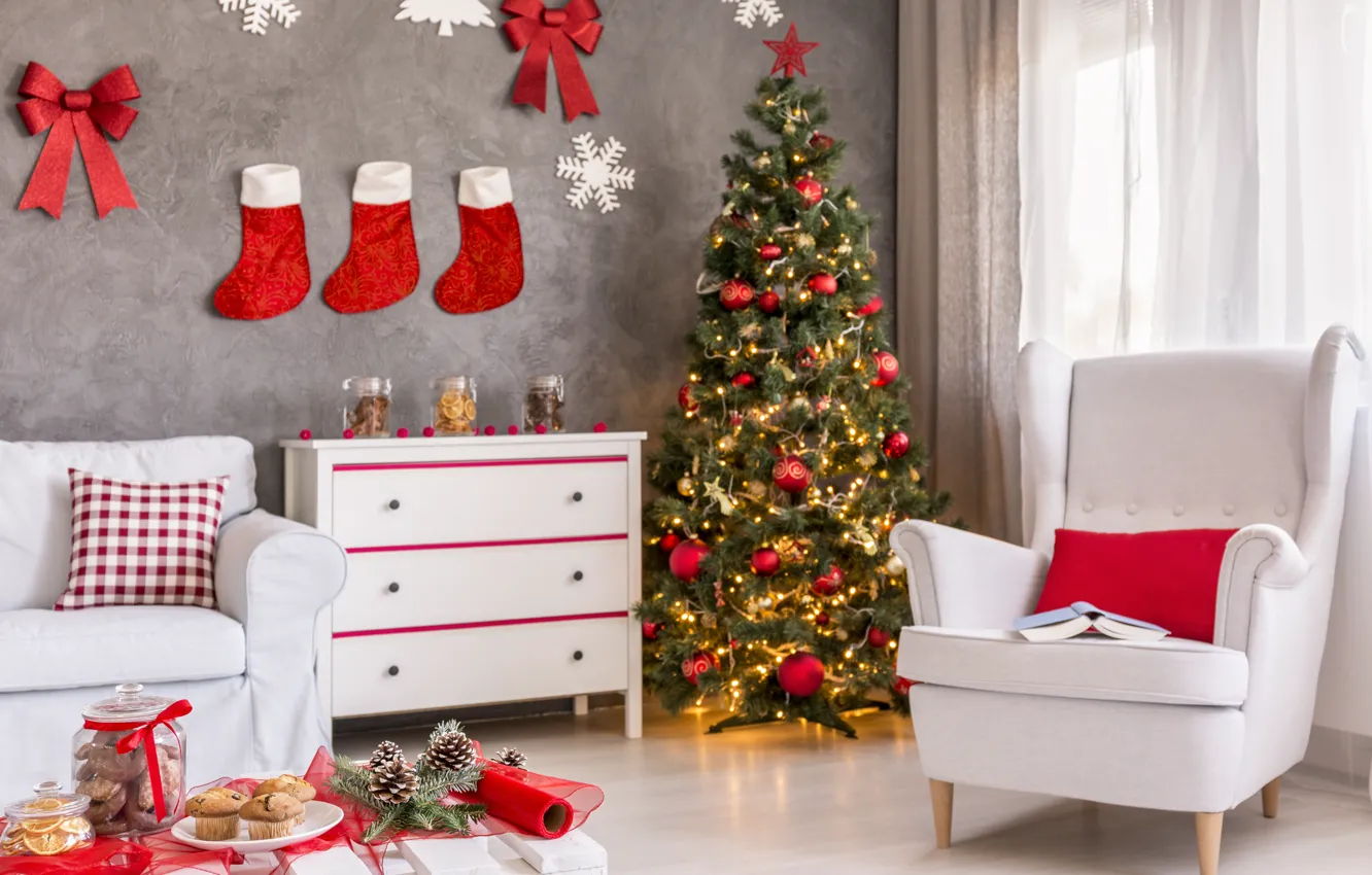 Фото обои Новый Год, Рождество, merry christmas, interior, decoration, christmas tree, holiday celebration