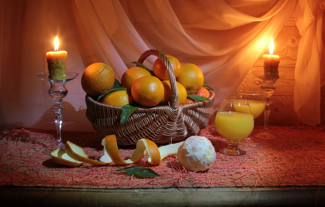 Фото обои стол, огонь, корзина, апельсины, свечи, бокалы, сок, натюрморт
