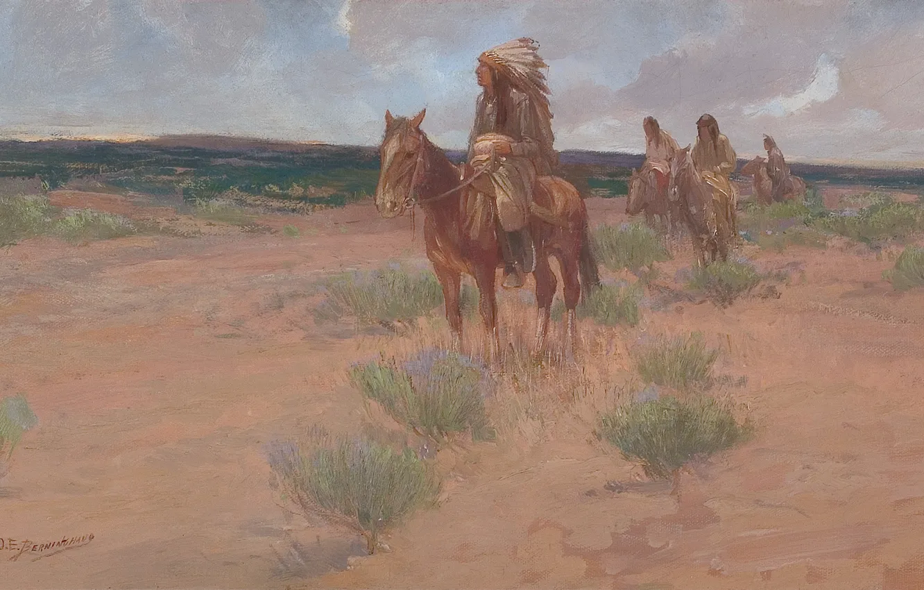 Фото обои трава, лошади, индейцы, Oscar Edmund Berninghaus, Return to Camp