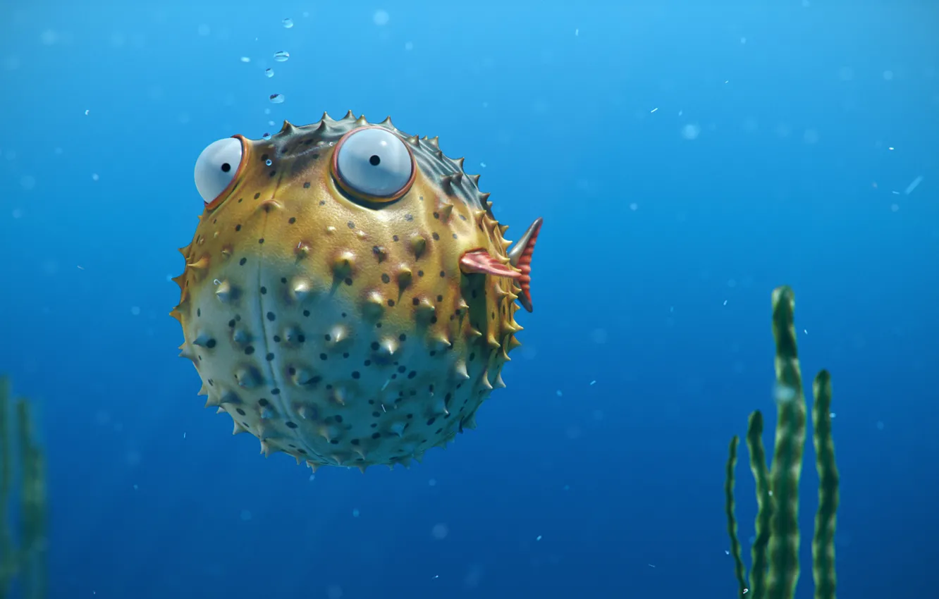Фото обои море, глаза, водоросли, пузырьки, шар, рыба, шипы
