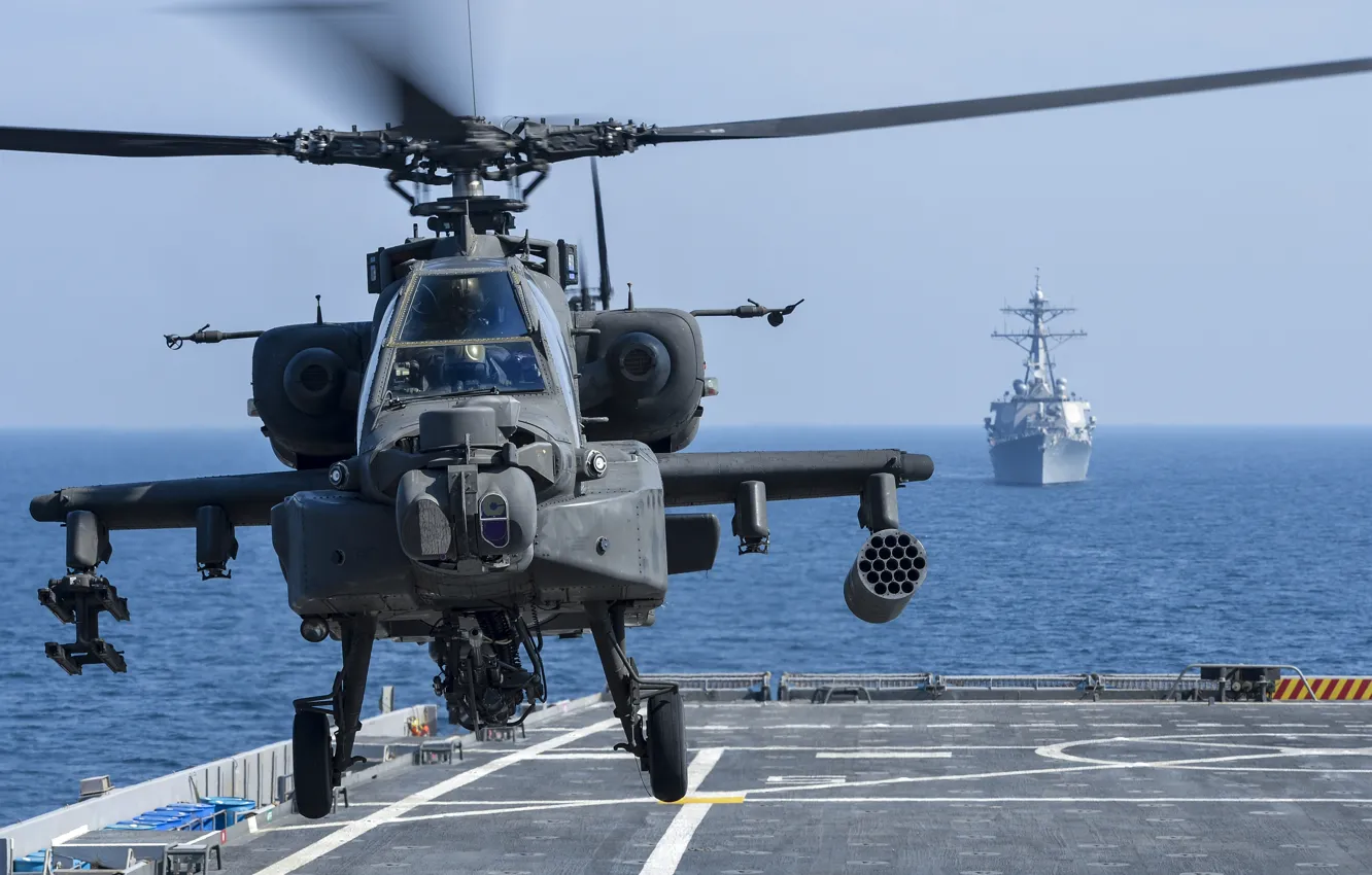 Фото обои море, корабль, палуба, США, вертолёт, боевой, взлёт, Apache