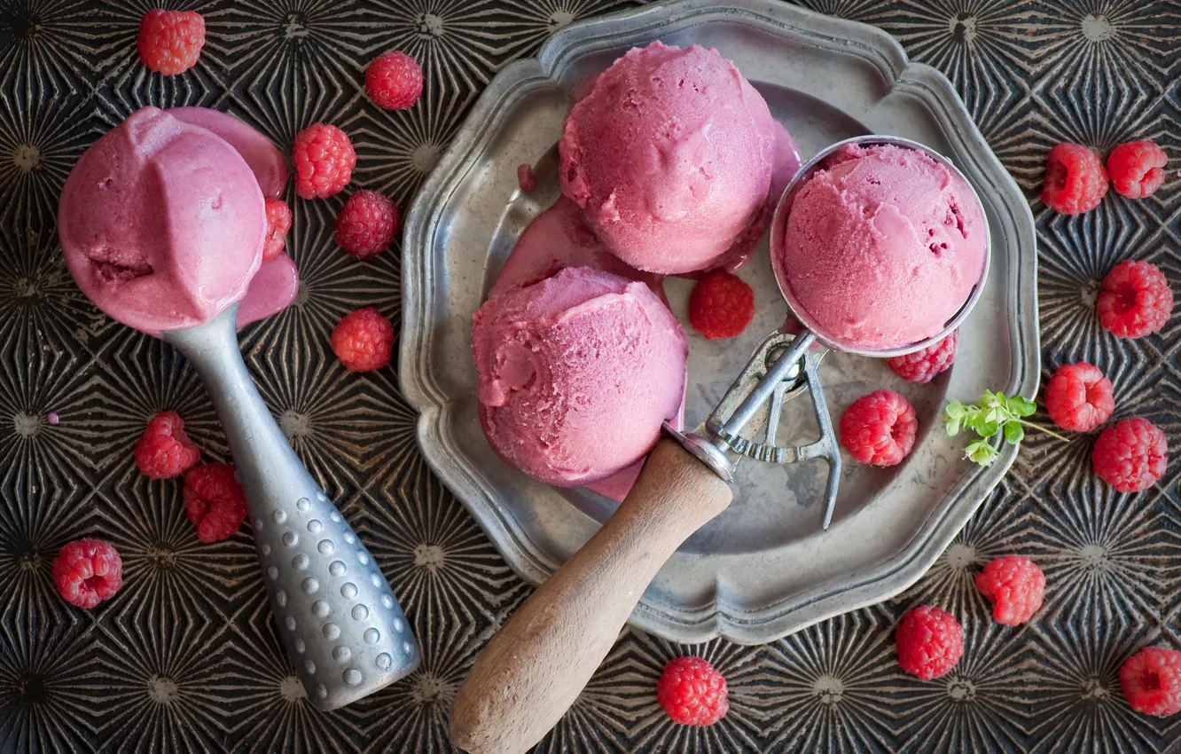 Фото обои ягоды, малина, мороженое