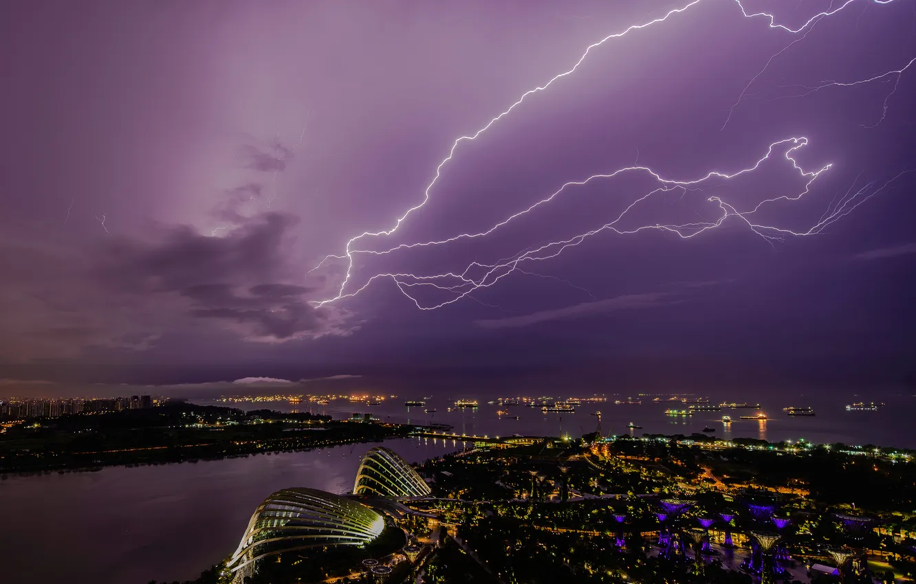 Фото обои гроза, ночь, город, молния, Сингапур