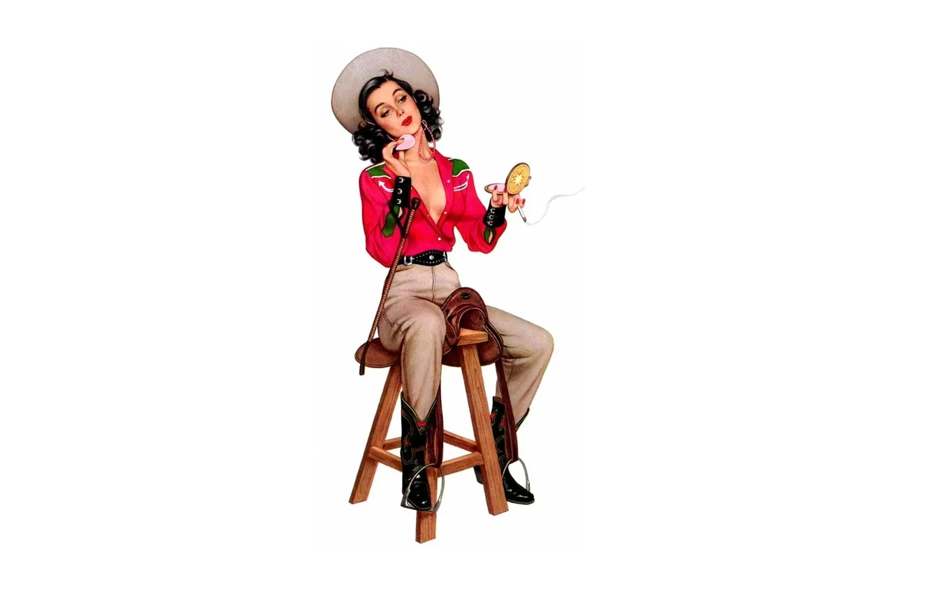 Фото обои девушка, шляпа, сигарета, стул, табуретка, pin up, пудреница
