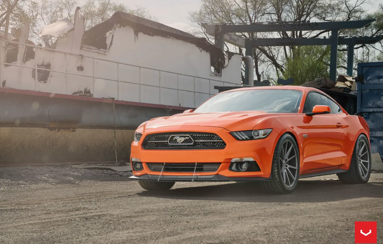 Фото обои mustang, wheels, ford, 5.0, orange, vossen