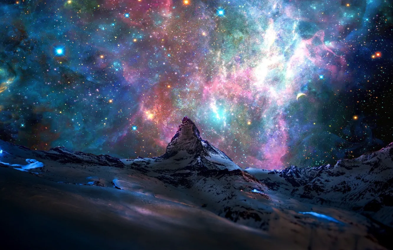 Фото обои космос, звезды, пейзаж, горы, Альпы, space, mountains, stars