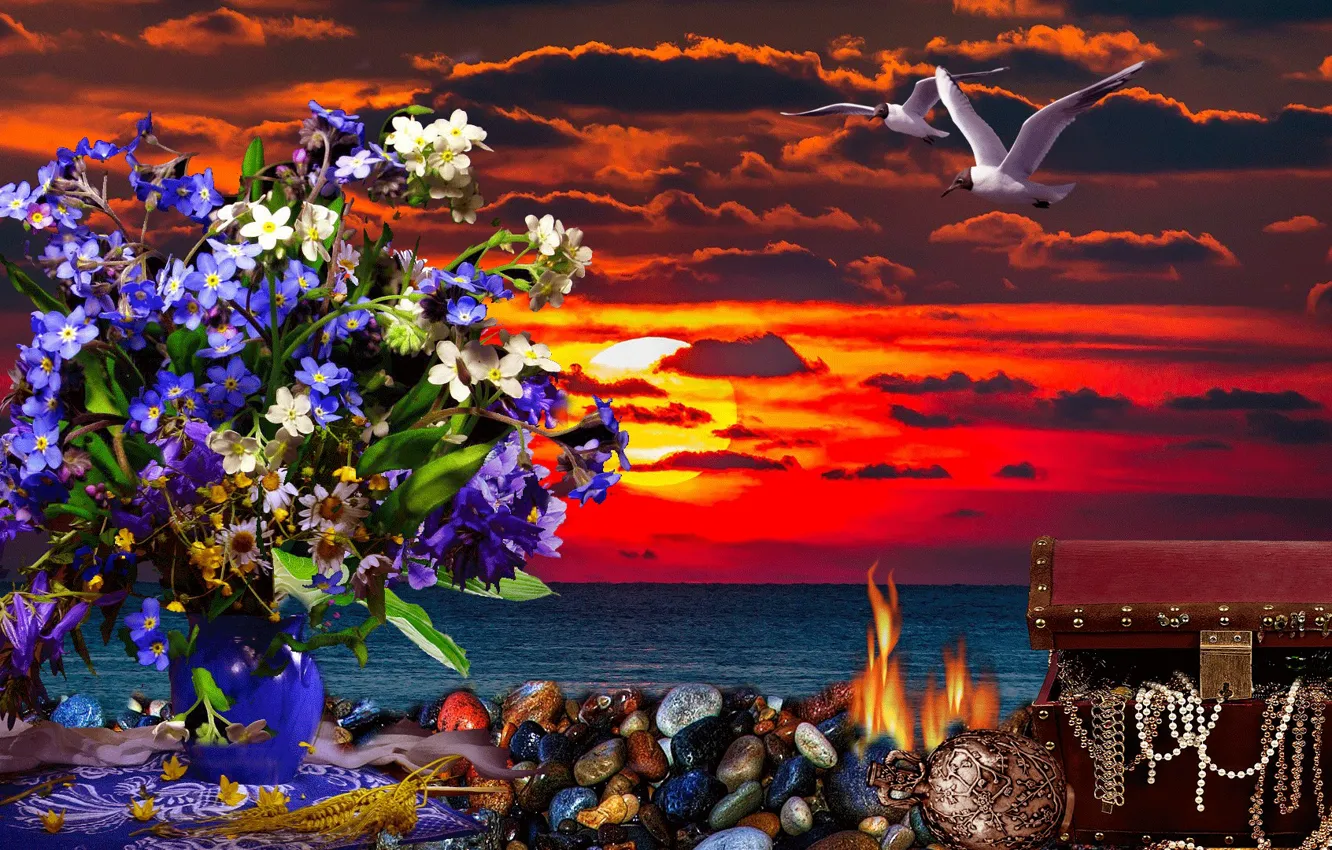 Фото обои цветы, Море, вечер, заря
