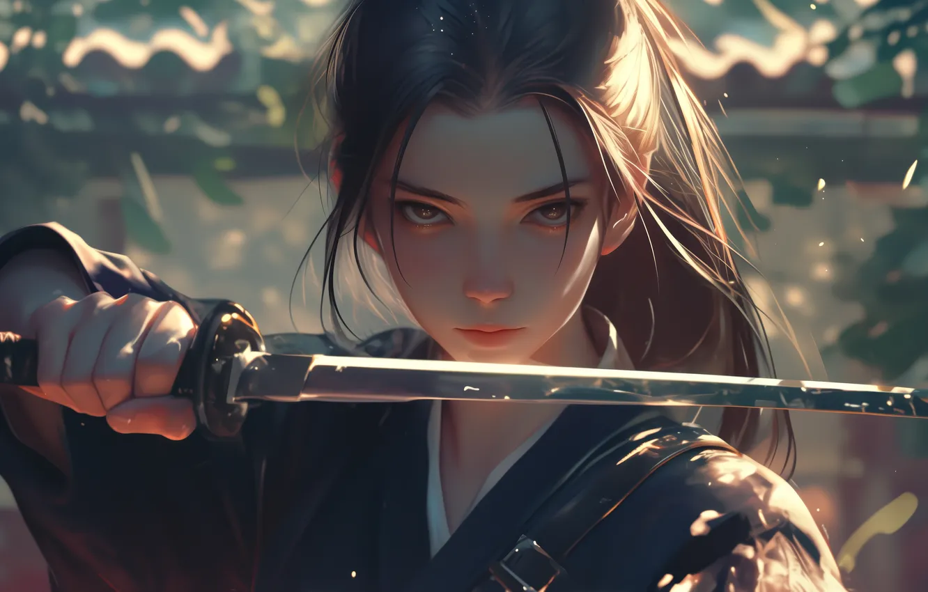 Фото обои girl, sword, fantasy, katana, face, brunette, digital art, artwork