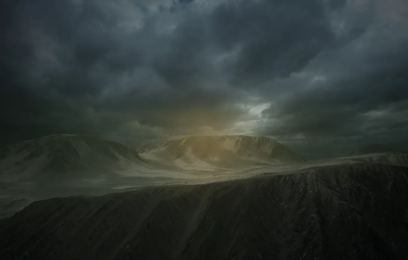 Фото обои облака, лучи, горы, тучи, туман, rock, landscape, alien