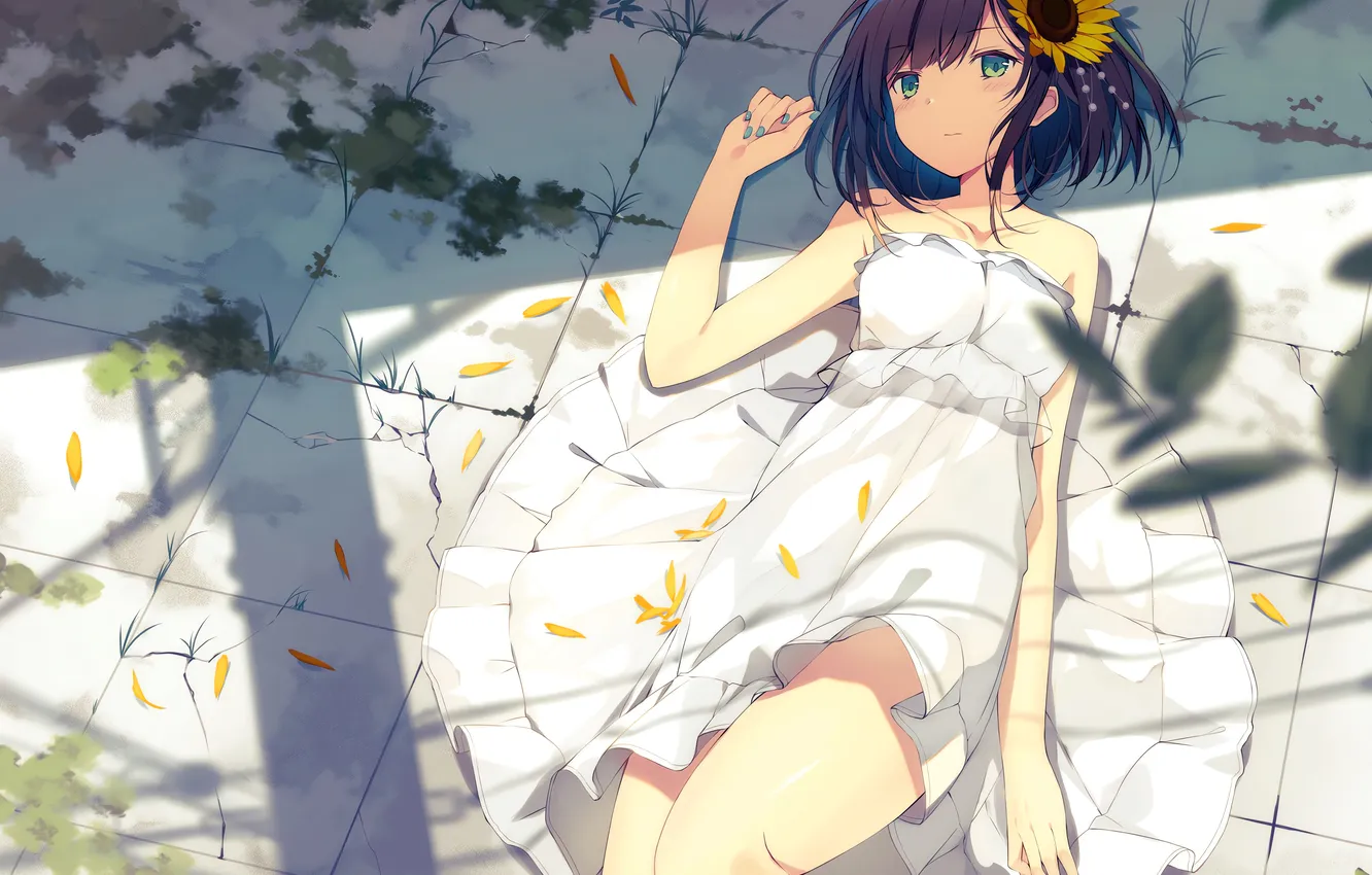 Фото обои girl, flower, green eyes, dress, anime, beautiful, short hair, pretty