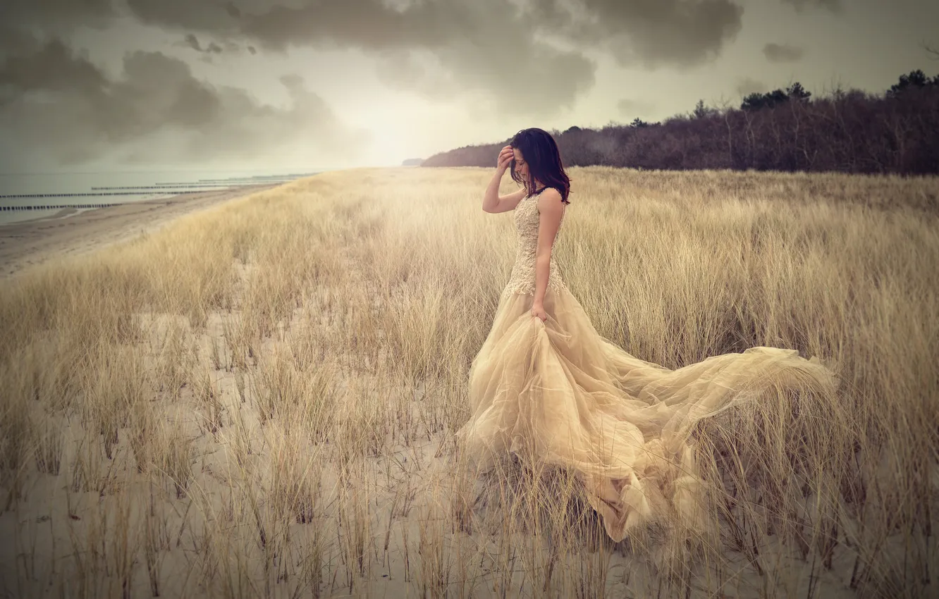 Фото обои пляж, трава, девушка, солнце, облака, берег, волосы, платье