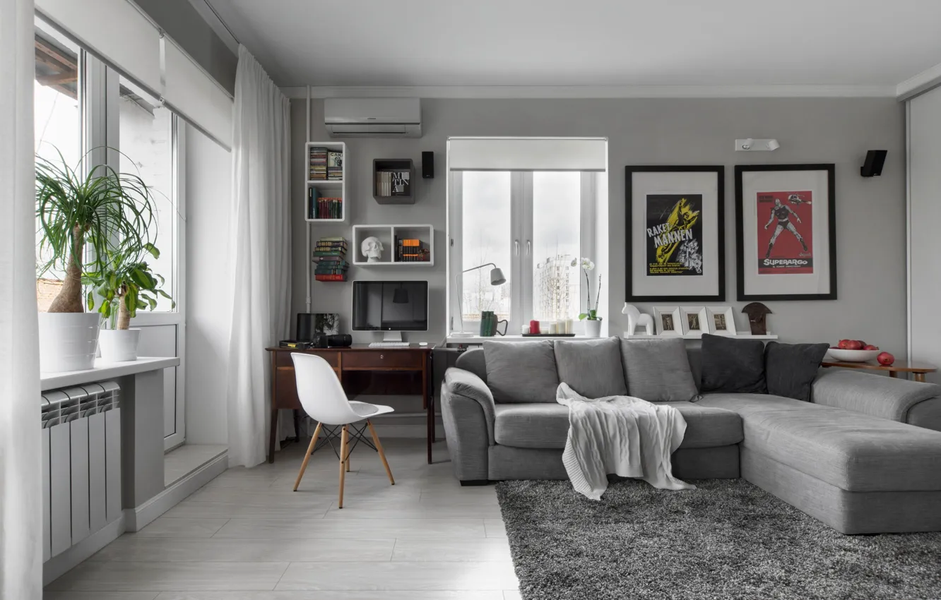 Фото обои дизайн, стиль, интерьер, гостиная, Квартира Холостяка, Compact Bachelor Haven in Moscow