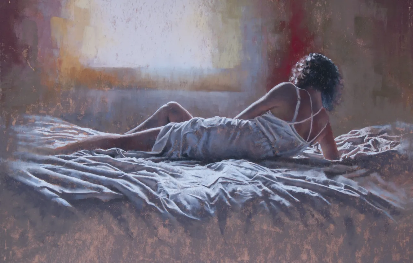 Фото обои девушка, комната, волосы, кровать, руки, платье, окно, живопись