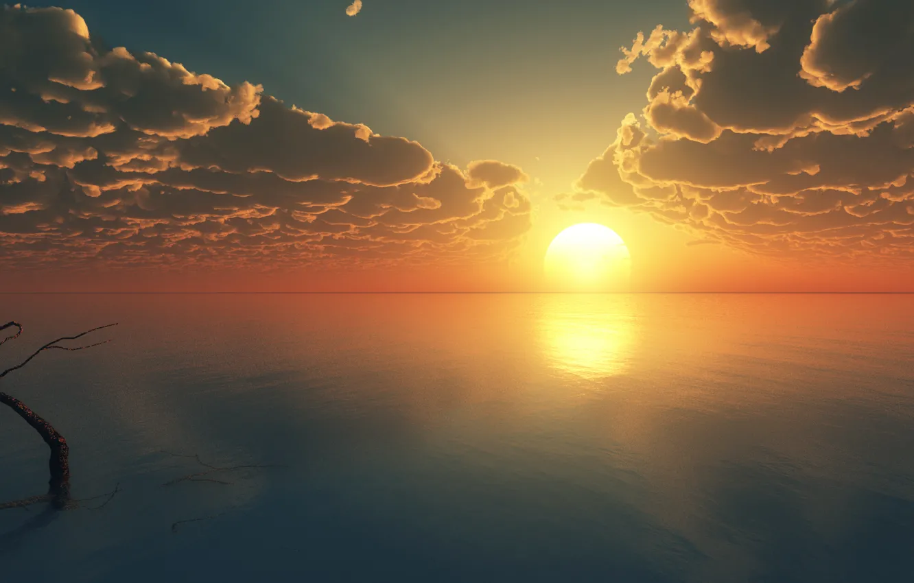 Фото обои море, небо, солнце, облака, закат
