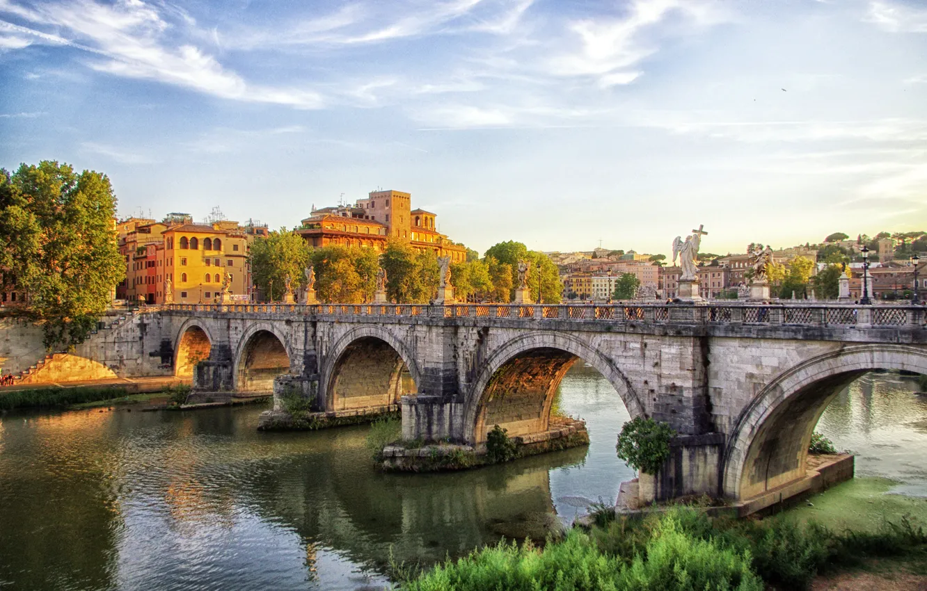 Фото обои мост, река, дома, Рим, Италия, Rome