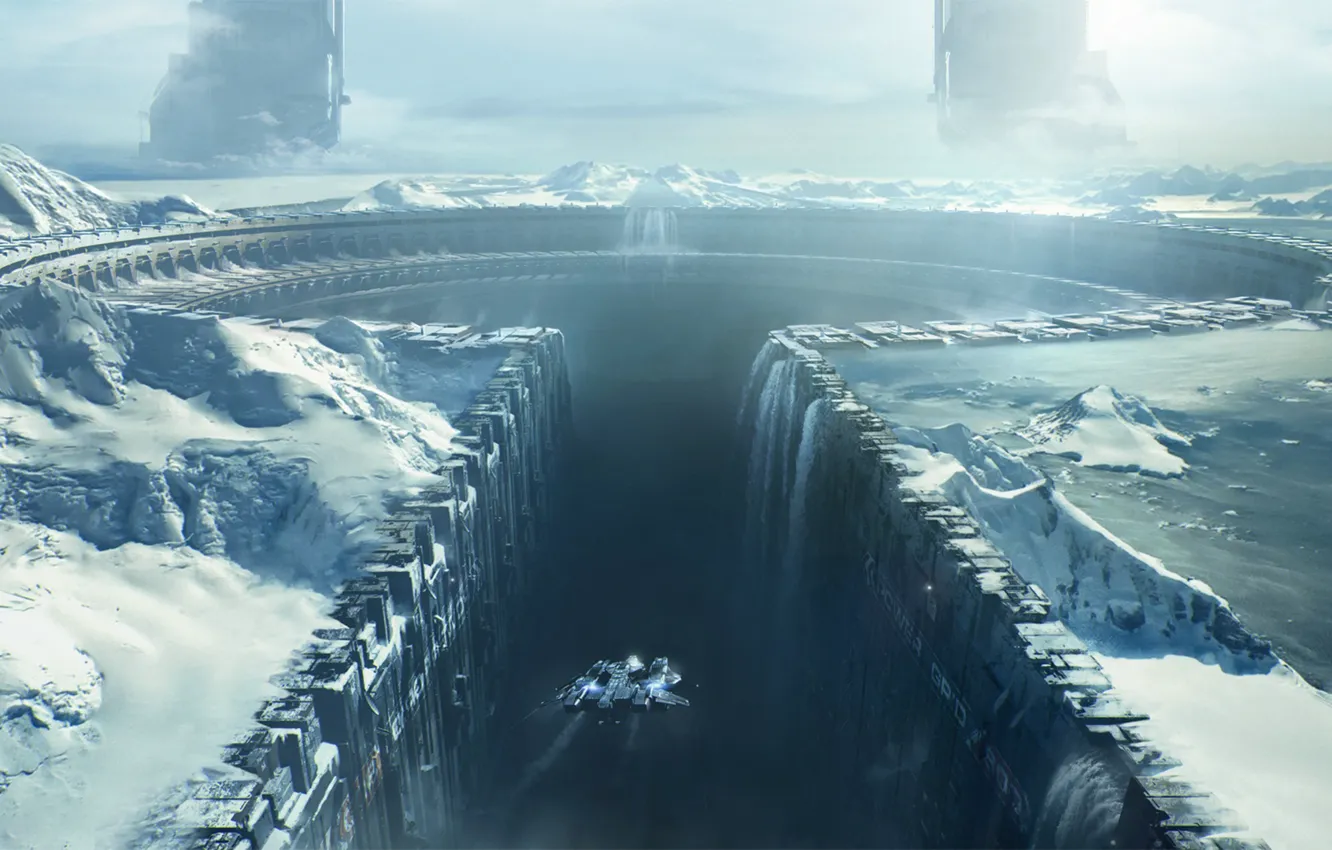 Фото обои снег, горы, фантастика, стена, скалы, сооружение, spaceship, The Grid