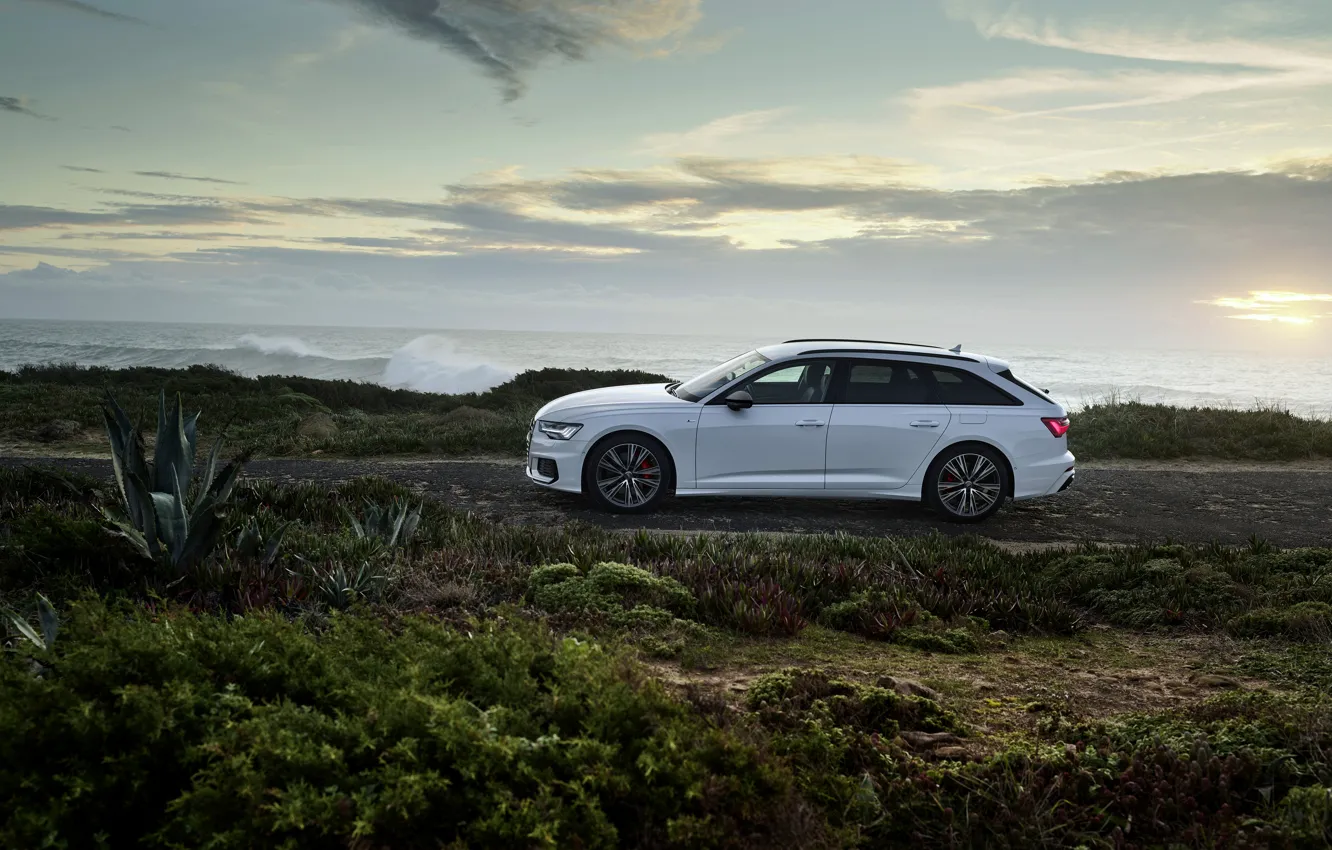 Фото обои белый, Audi, вид сбоку, гибрид, универсал, Audi A6, 2020, A6