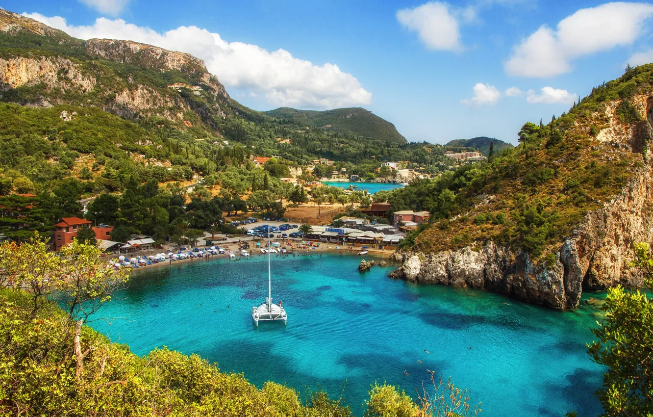 Фото обои горы, скалы, бухта, яхта, Греция, Corfu, Paleokastritsa