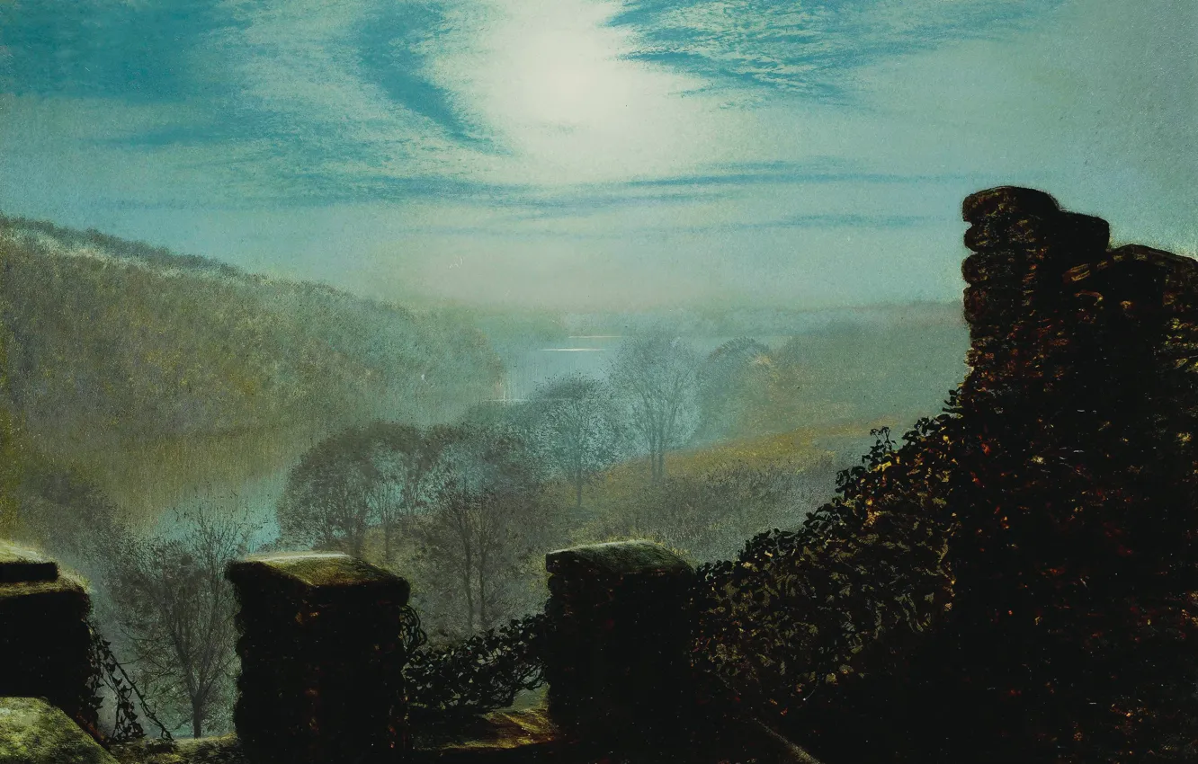 Фото обои облака, картина, Джон Эткинсон Гримшоу, John Atkinson Grimshaw, Полная Луна. Замок Парка Раундхэй