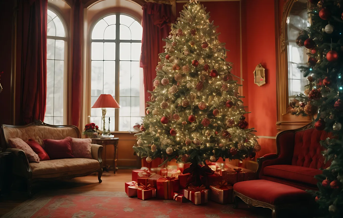 Фото обои украшения, комната, елка, интерьер, Рождество, подарки, Новый год, Christmas