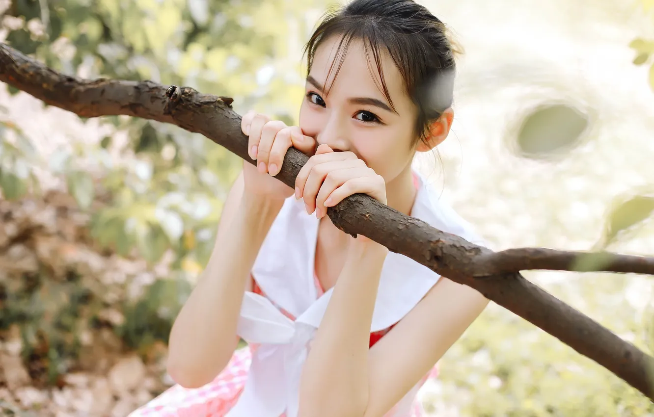 Фото обои Beautiful, Asian, Model, Tree, Smile, Woman, Cute, Pretty