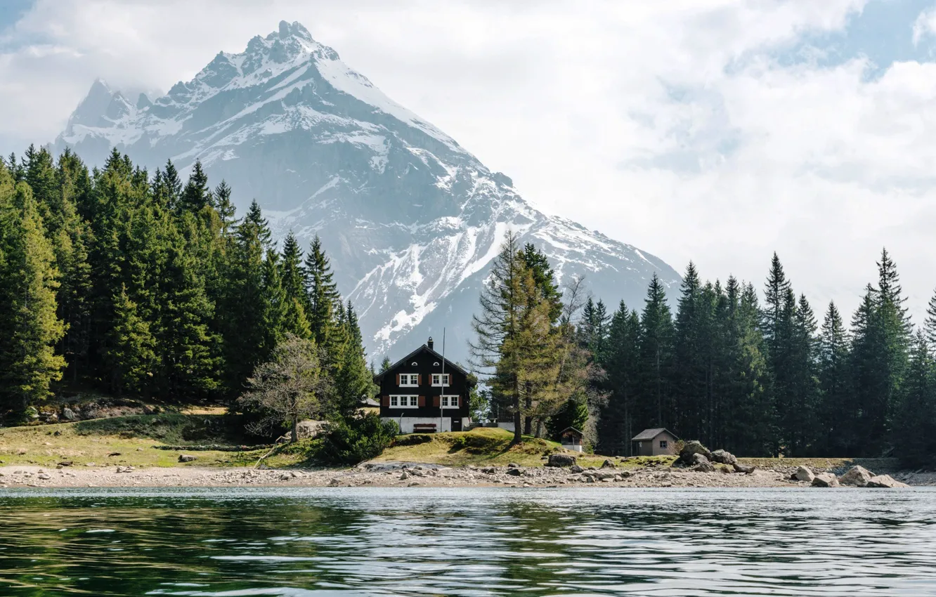 Фото обои лес, небо, деревья, горы, озеро, дома