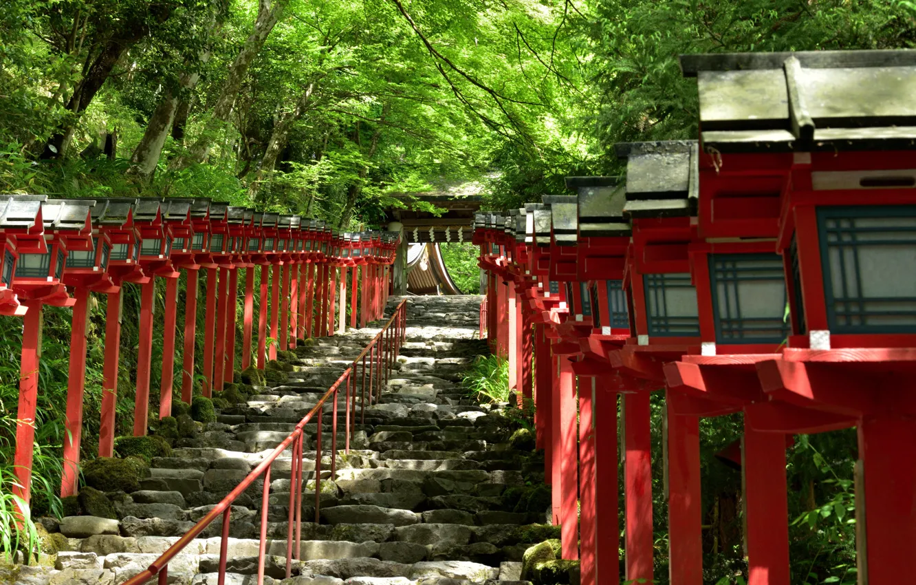 Фото обои Лестница, Фонари, Перила, Киото, Святилище, Японя, Кифунэ-дзиндзя