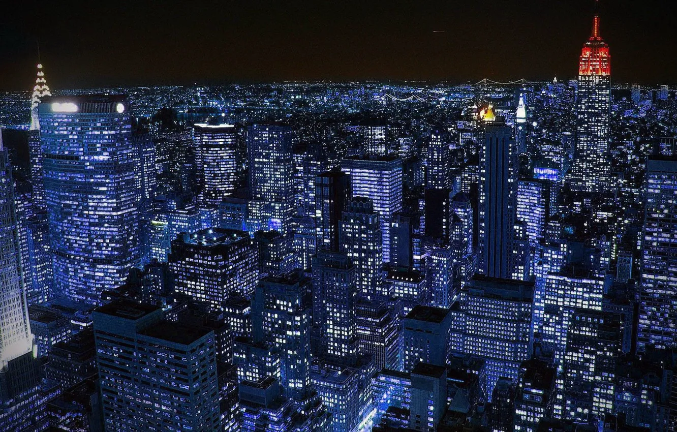 Фото обои свет, ночь, город, Нью-Йорк, New York