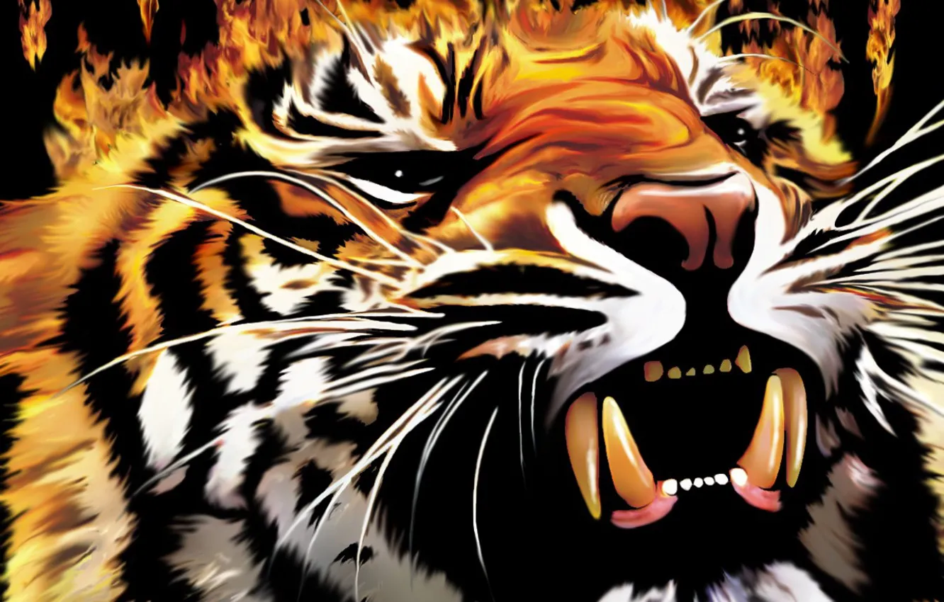Фото обои тигр, огонь, пламя, оскал