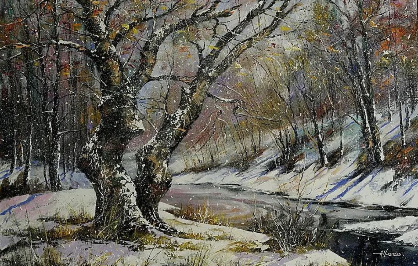 Фото обои зима, лес, река, пасмурно, картина, живопись, снегопад, зимний пейзаж