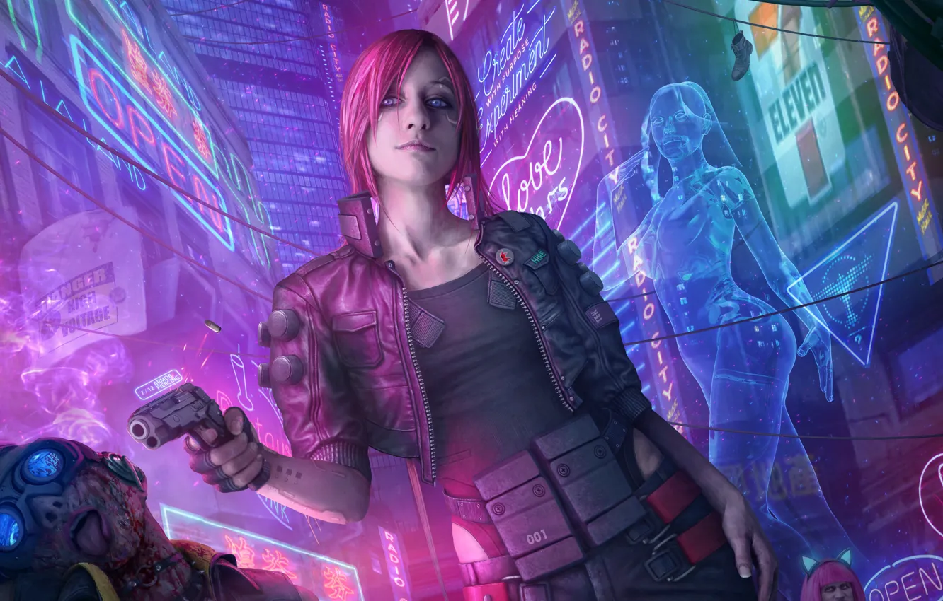 Фото обои будущее, игра, технологии, неон, future, game, character, рыжие волосы