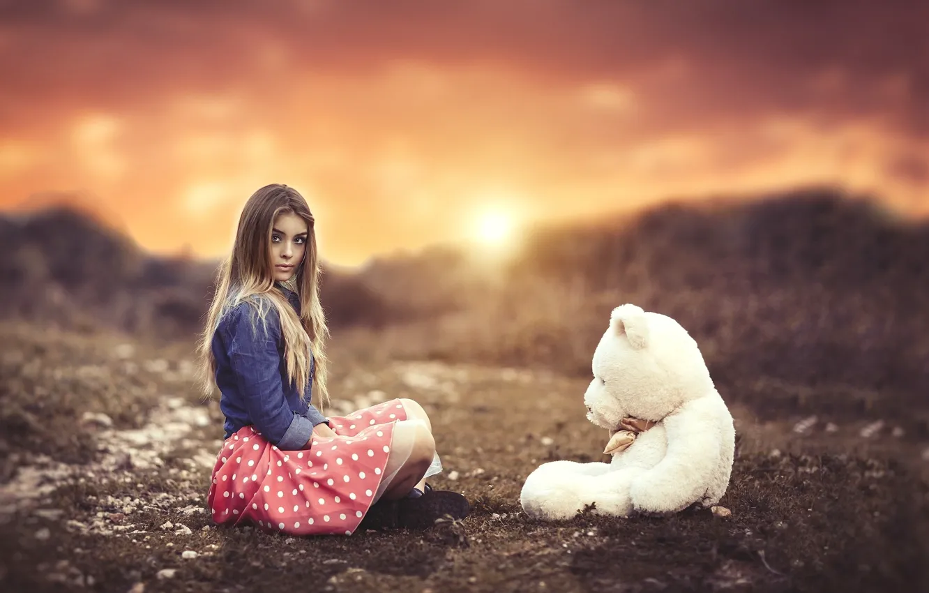 Фото обои девушка, закат, настроение, игрушка, медведь, боке, плюшевый мишка