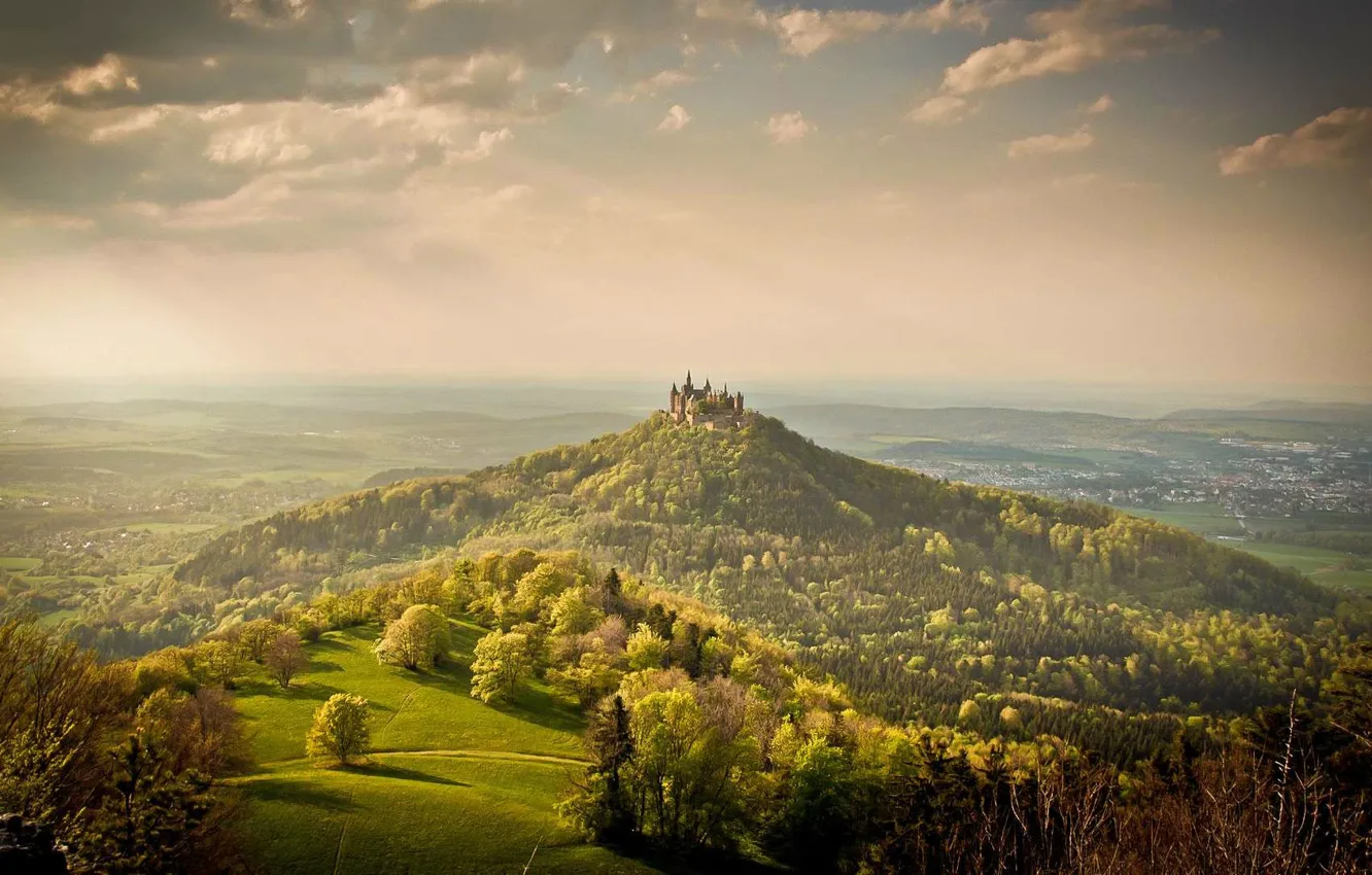 Фото обои замок, долина, горизонт, холм, Hohenzollern