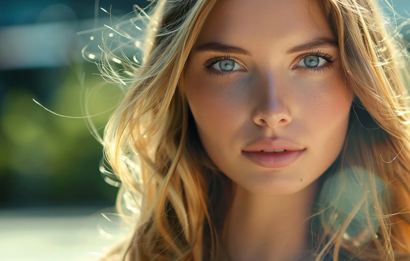Фото обои взгляд, девушка, лицо, портрет, макияж, блондинка, длинные волосы, развевающиеся волосы