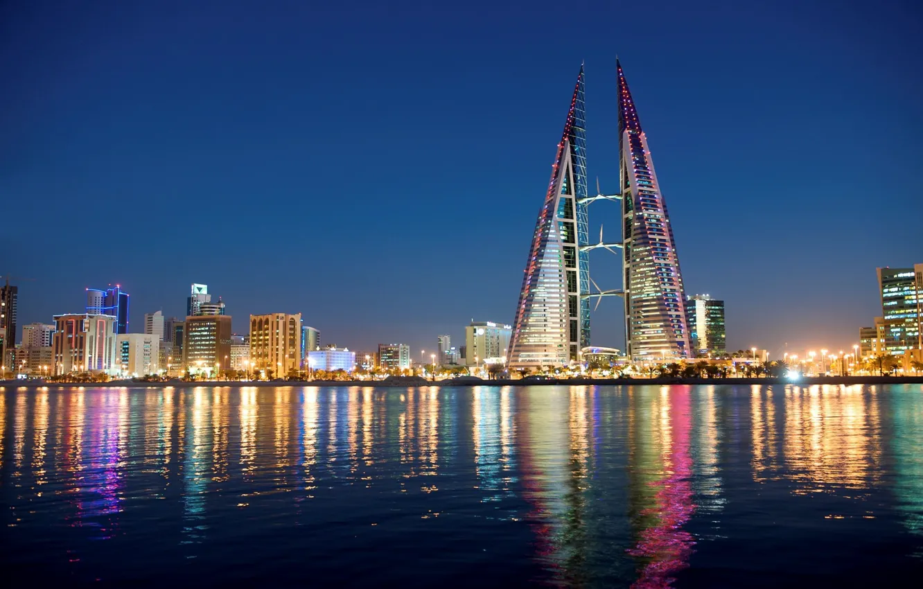 Фото обои city, lights, sky, sea, night, buildings, architecture, skyscrapers, cityscape, Bahrain, Manama