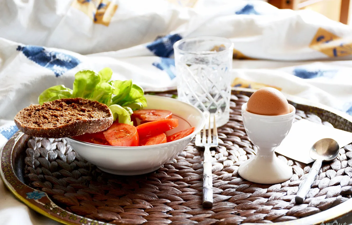 Фото обои яйцо, завтрак, утро, хлеб, помидоры
