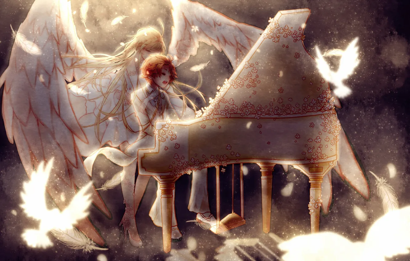 Фото обои девушка, ангел, парень, пианино
