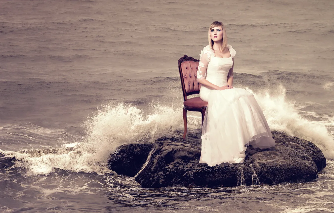 Фото обои море, девушка, стул