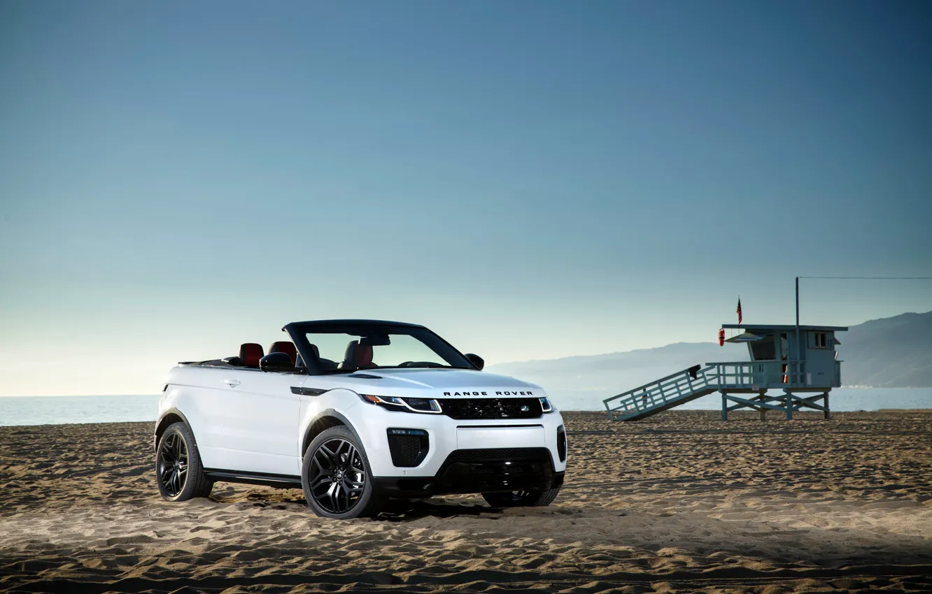 Фото обои песок, пляж, Land Rover, Range Rover, кабриолет, Evoque, эвок, ленд ровер
